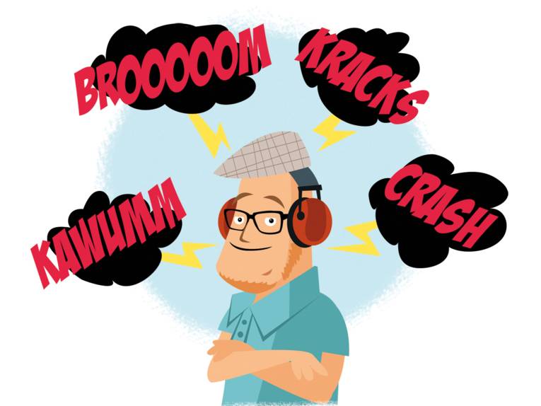 Illustration im Comicstil: Ein Mann trägt Ohrenschützer. Gewiterwolken mit Lärmworten wie "Crash" und "Kawumm" signalisieren, dass erv on Lärm umgeben ist-